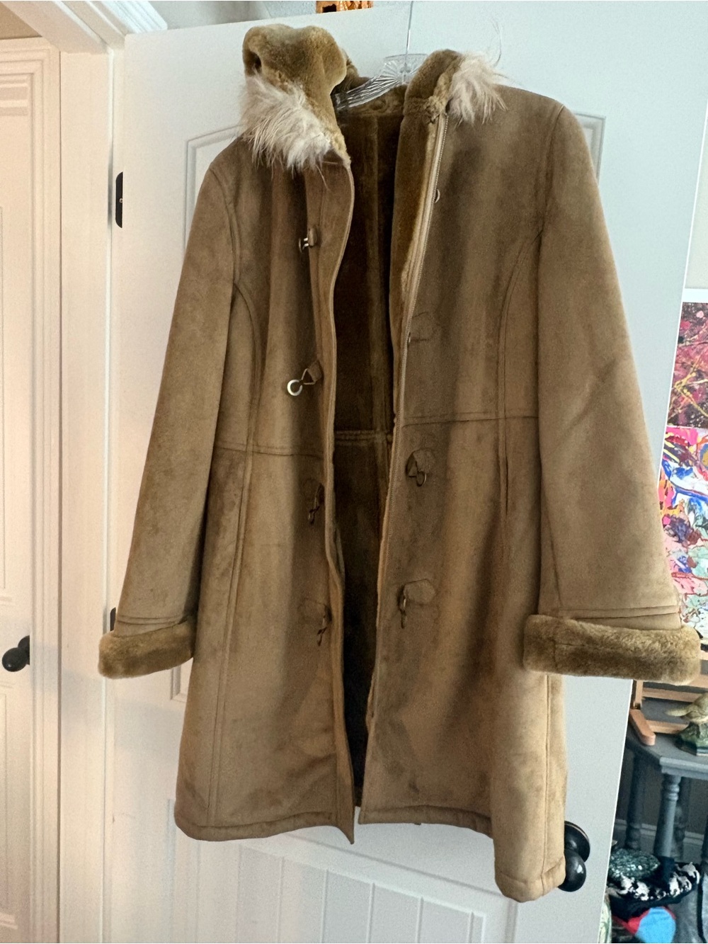 Vintage Dana Buchman Fur Hooded Shearling Toggle Coat with Hood